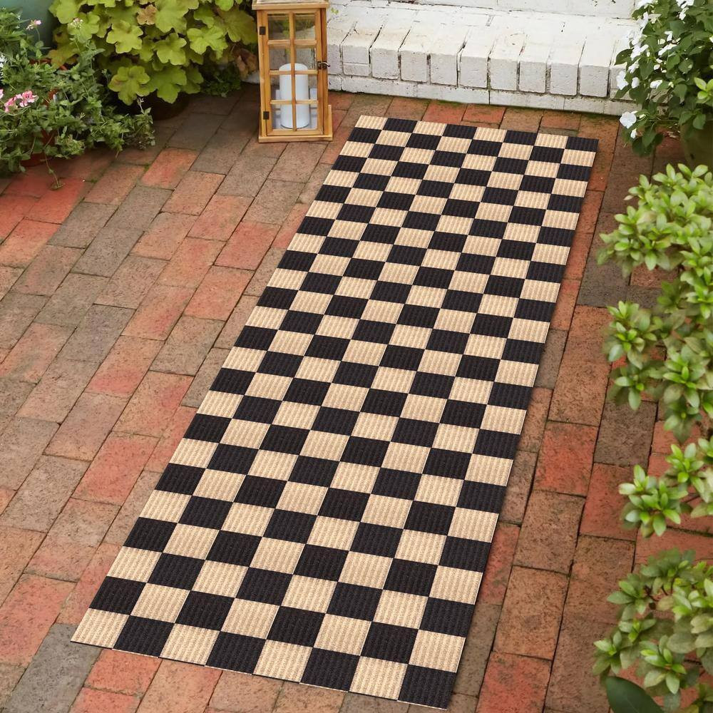 Heavey Duty Checkered Black and Beige 31 In. W X 26 Ft. L Indoor/Outdoor Runner