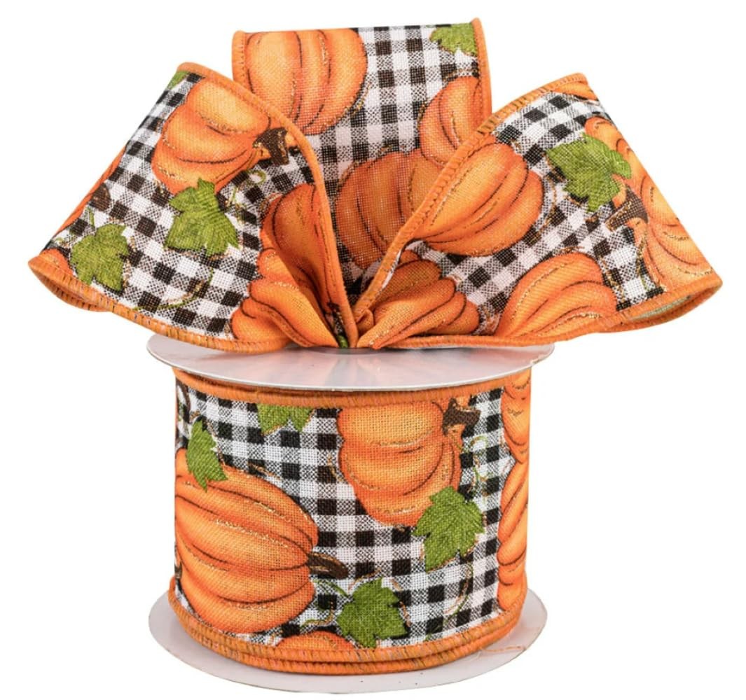 Pumpkin Patch Plaid Wired Ribbon 2 1/2 Inch x 10 Yards Black White Check Fall