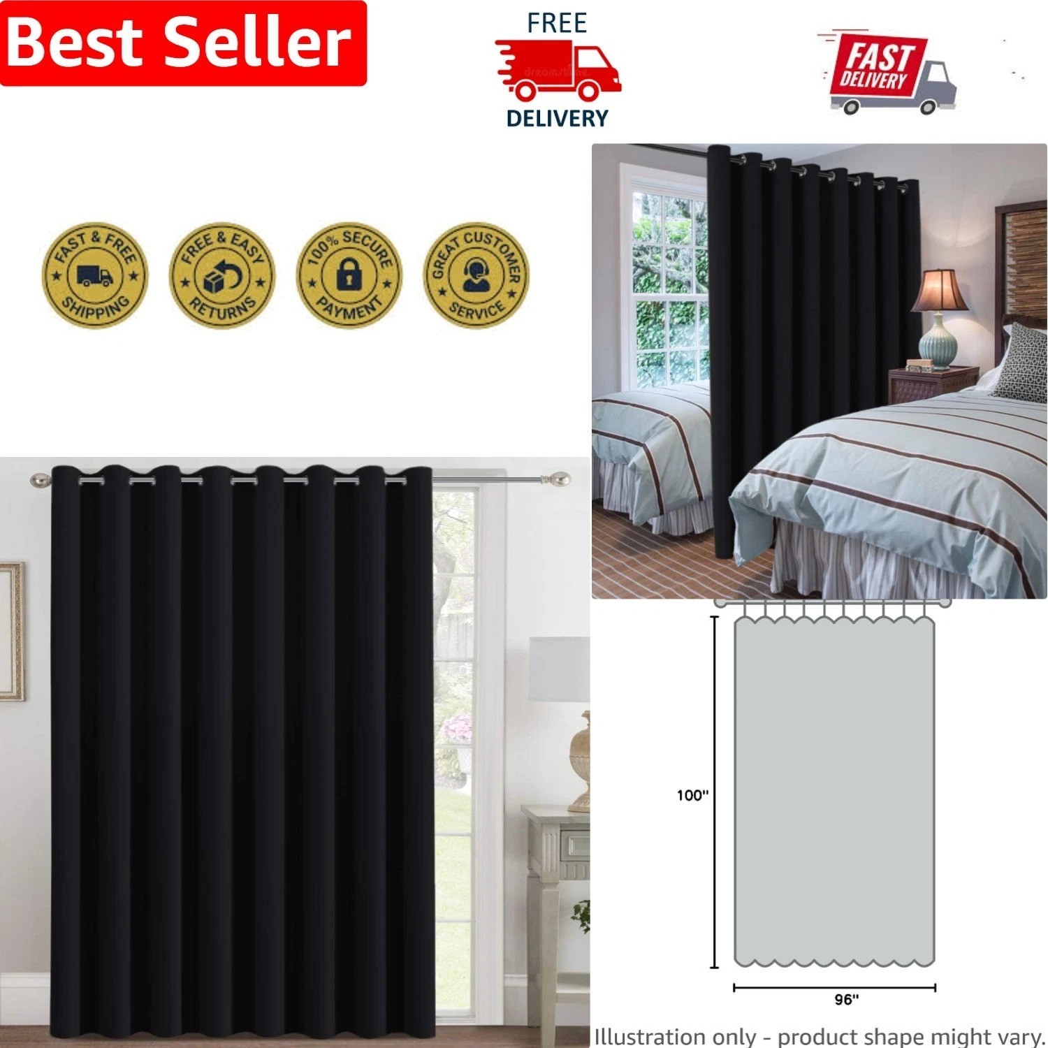 Machine Washable Blackout Curtain Panels 100 x 96 for All Season Use – Jet Black