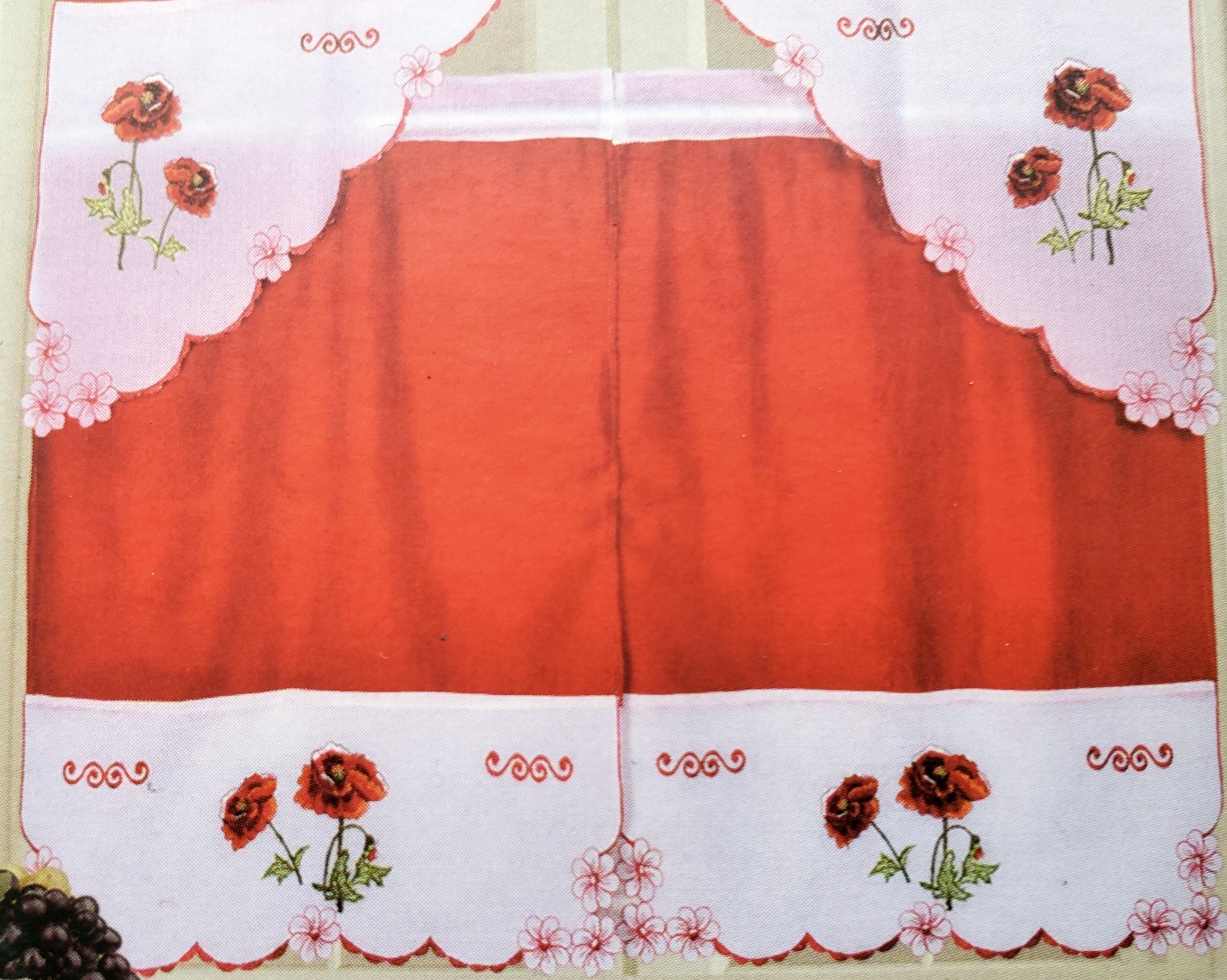 3pc. Embroidery Curtains Set: 2 Tiers & Swag(58″x36″) RED FLOWERS,DHALIA, Editex