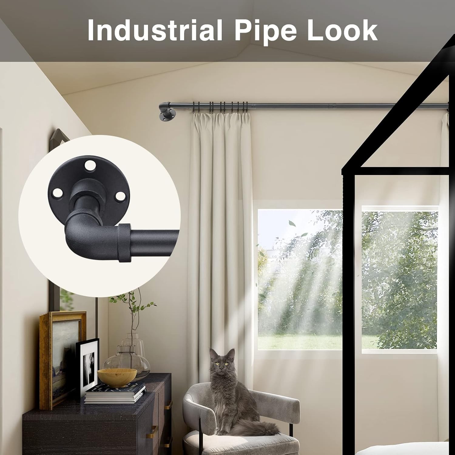 Industrial Curtain Rods – Matte Black Pipe Curtain Rod for Windows 48 to 84 inch