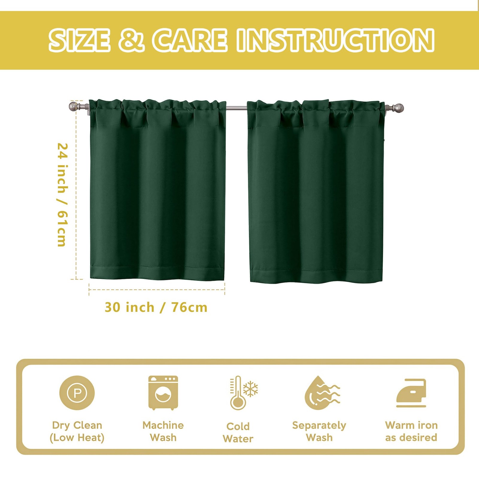 Blackout Tier Curtains 24″ for Kitchen, Bathroom, RV, 2 Panels, Rod Pocket