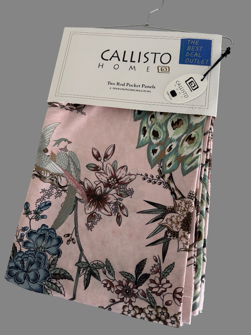 CALLISTO Window Curtains 2 Panels 38” X 84″ Peacock Birds Drapers Back Top Blush