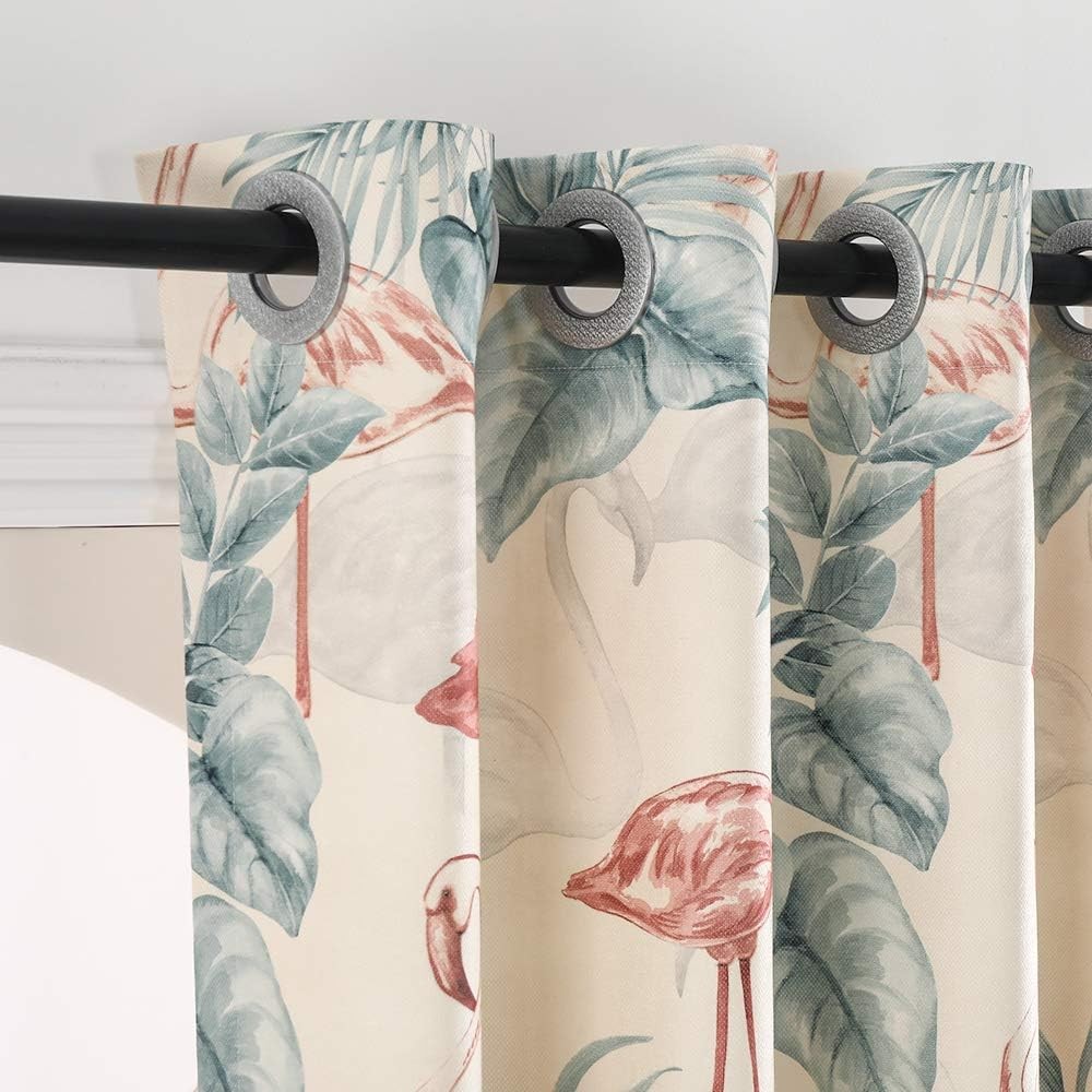 White Blackout Curtains Grommet Microfiber Pastoral Leaves Flamingo Floral