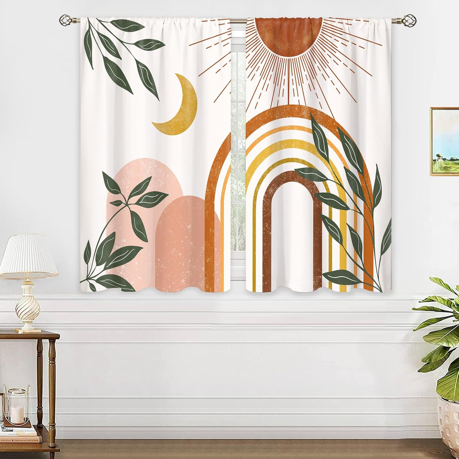 Mid Century Abstract Boho Small Kitchen Curtains Leaf Sun Minimalist Window Trea