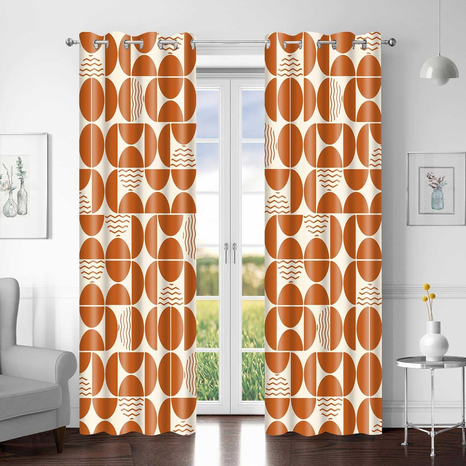 Retro Orange Patterned Curtains 2 Panels, Modern Boho Circle Mid Century Blackou