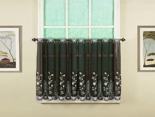 , Samantha Embroidered Sheer Tier 36″, 59″W x 36″L (Pack of 1) Black / Multi