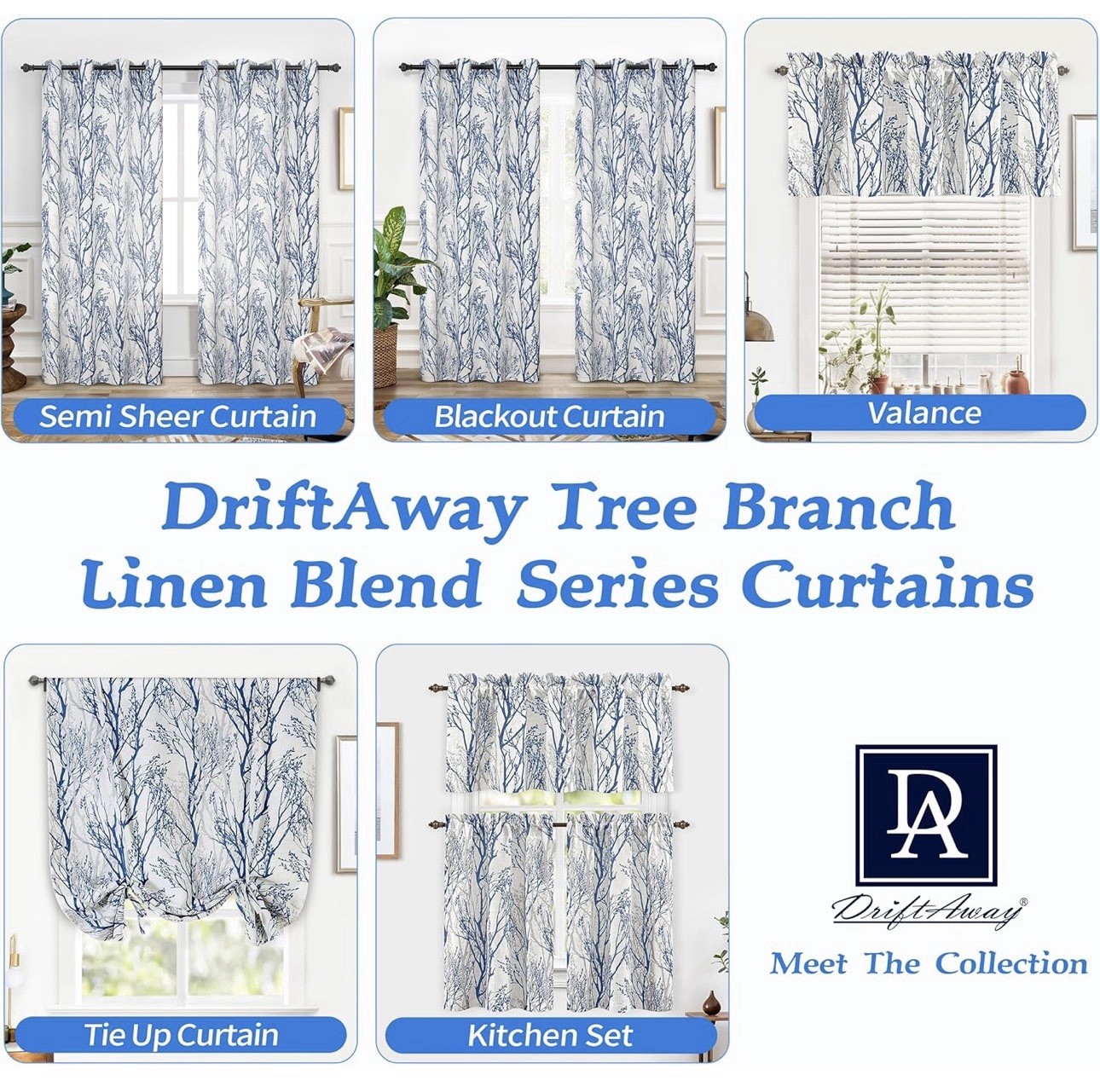 DriftAway Tree Branch Linen Blend Lined Blackout Rod Pocket Valance Blue 52 x 18