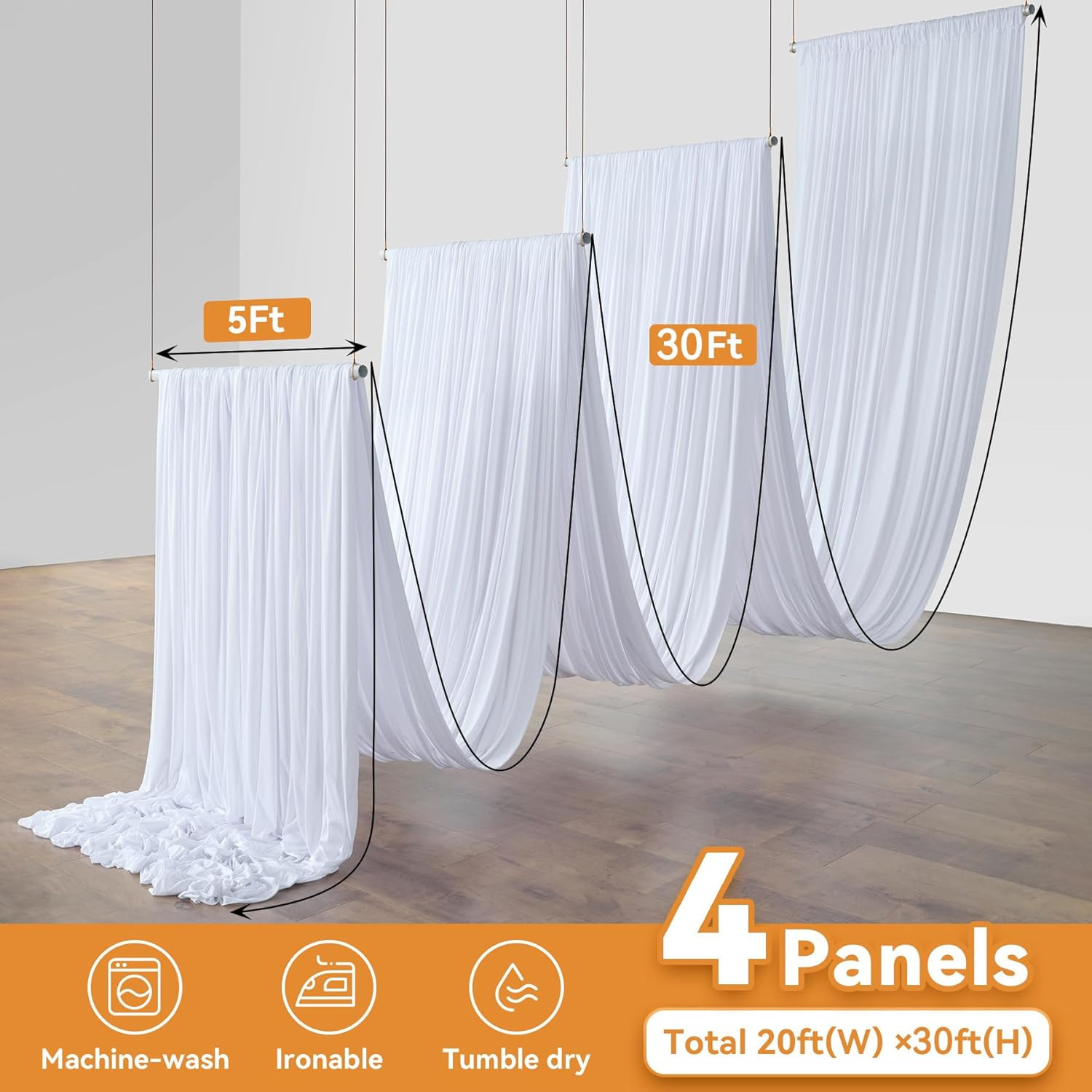 30Ft White Ceiling Drapes – 4 Panels, Wrinkle-Free Polyester for Events