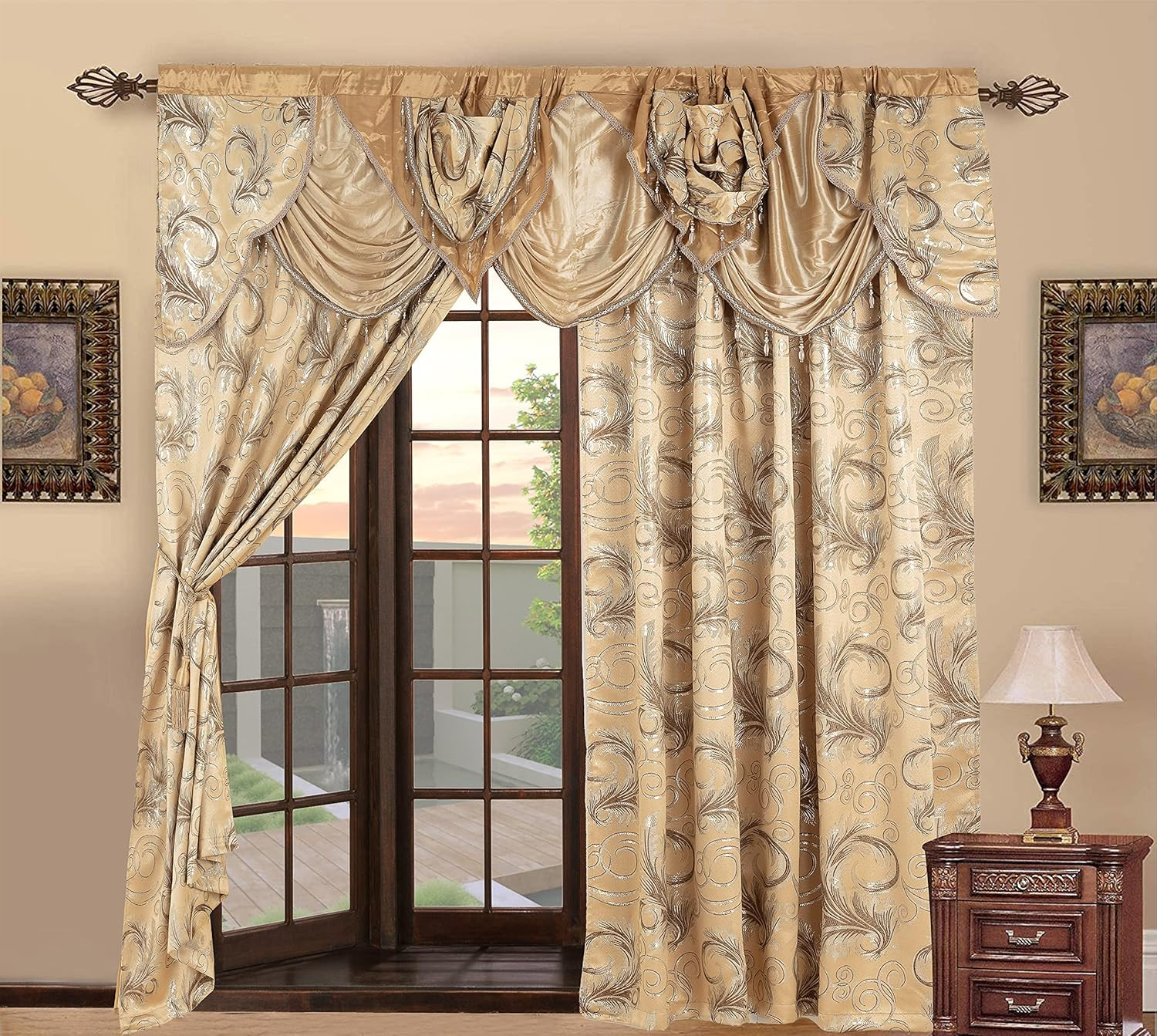 Jacquard Luxury Window 2 Panel Set Taupe Curtain with Attached Valance and Backi