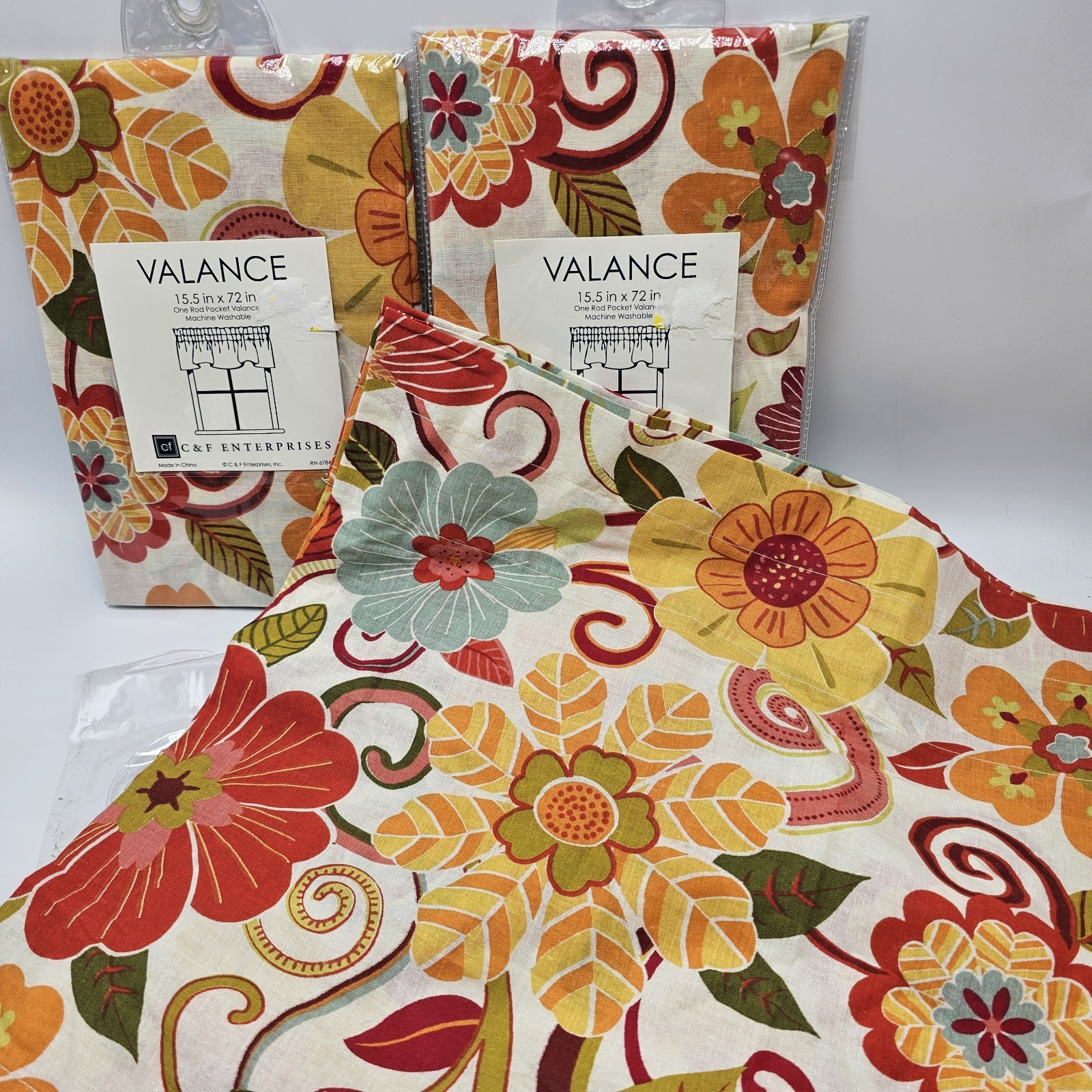 Giselle Valance Set 3 Orange Yellow Floral Botanical Flowers Blue Cotton Retro