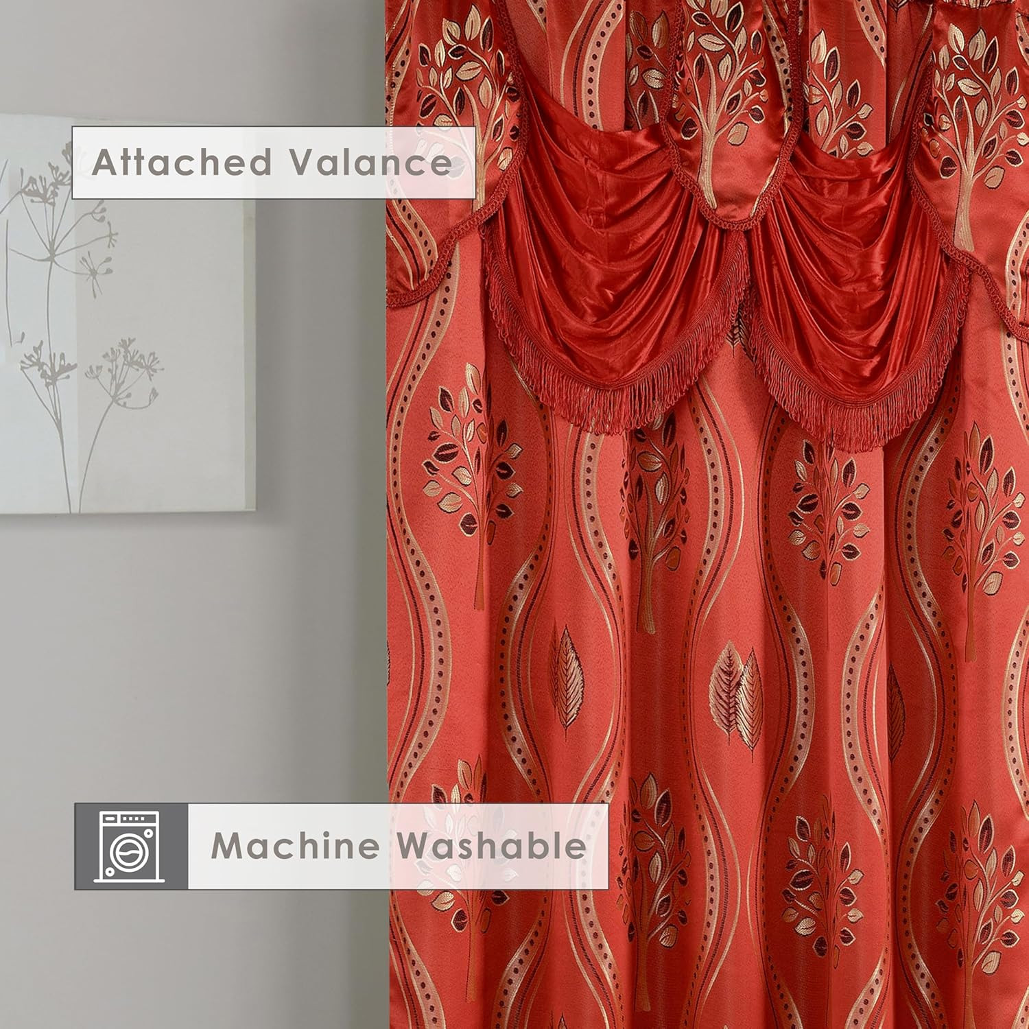 Luxurious Beautiful Curtain Panel Set with Attached Valance and Backing 54″ X 84