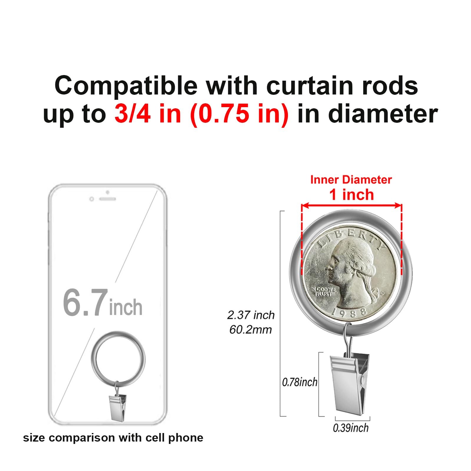 44 Pack Curtain Rings with Clips Hooks 1 inch Matte Silver Metal Stainless Steel