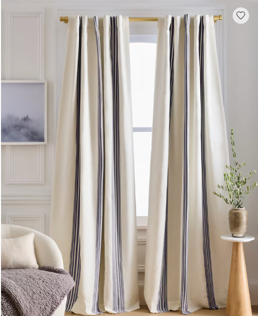 NWT QUINCE COASTAL STRIPE COTTON CURTAIN SET 2 ROOM DARKENING 48 X 96 NAVY $184