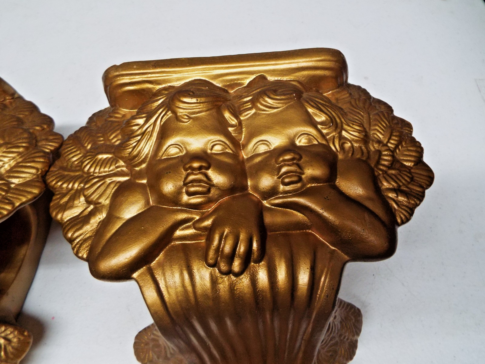 2 Vintage Ceramic Angel Cherub Drapery Curtain Rod Wall Hanging Sconces