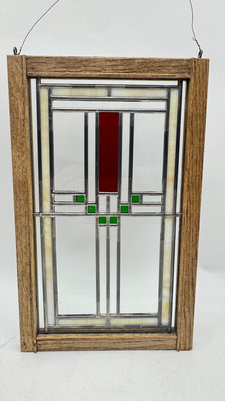 Arts & Crafts Mission Style Stained Glass Panel Window Hanging Wood Frame 12.5″