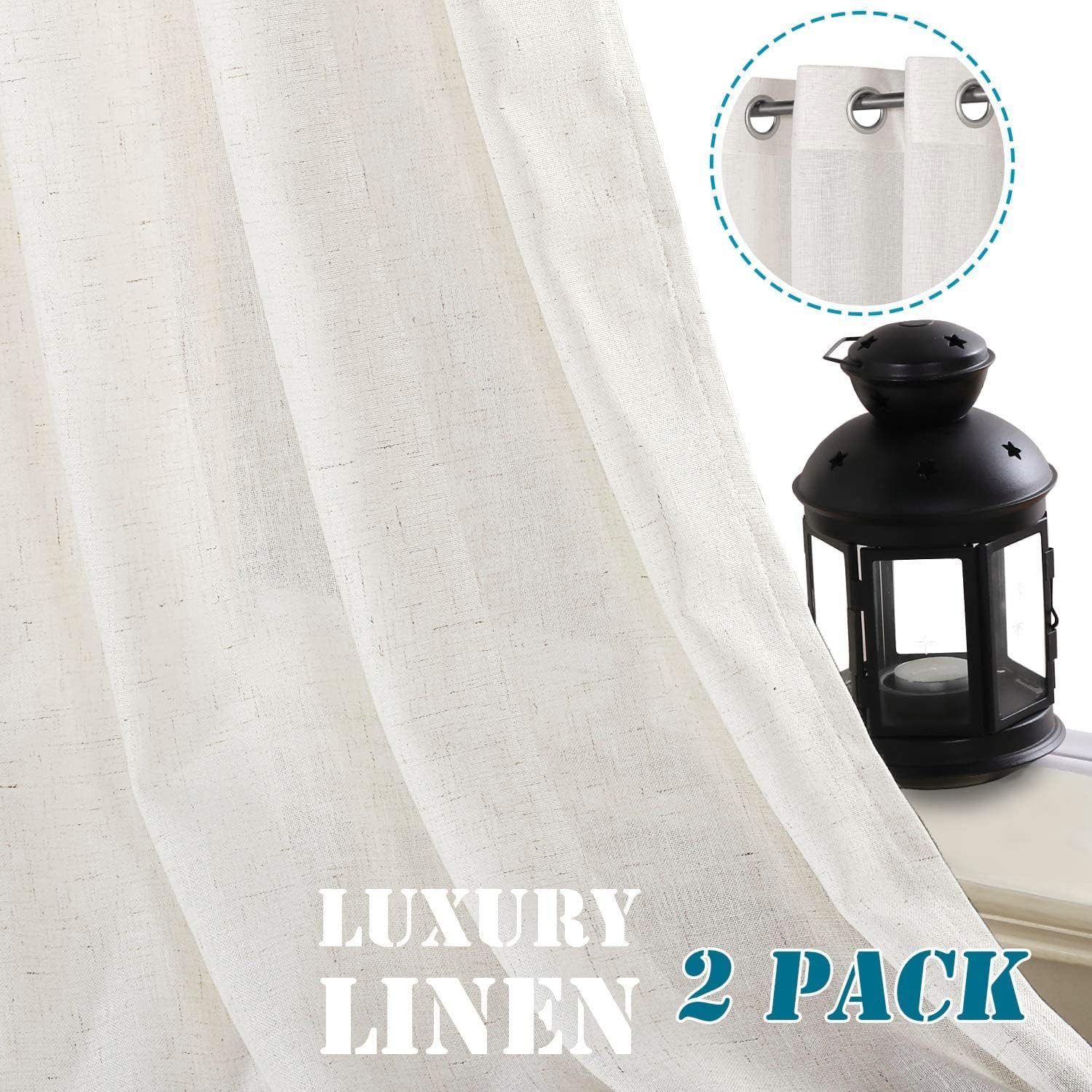 100% Blackout Linen Curtains 96″ Long Ivory Grommet Pair Set
