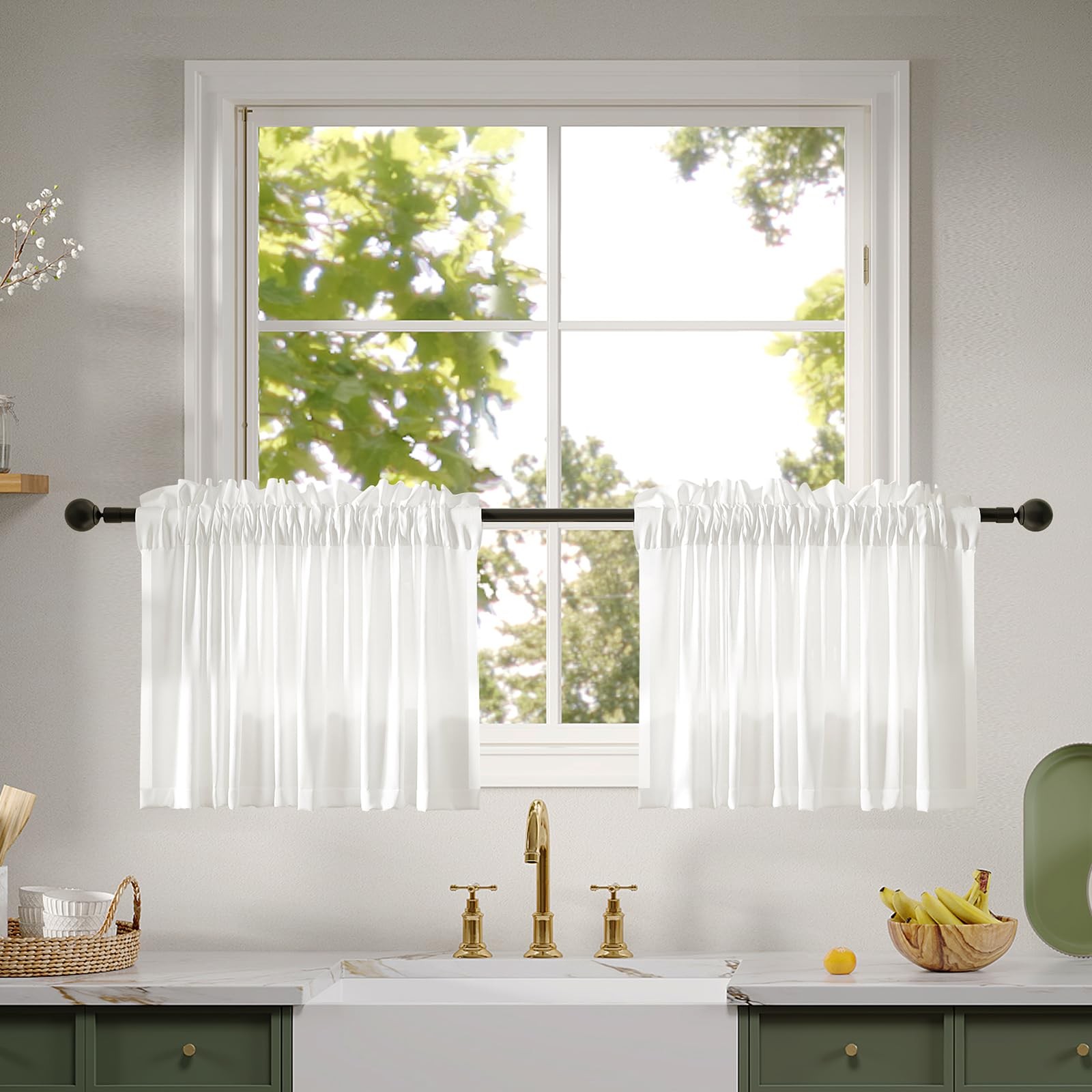 Non-See-Through Valance Kitchen Curtains 18 Inch Length 2 Panels Set, Off White