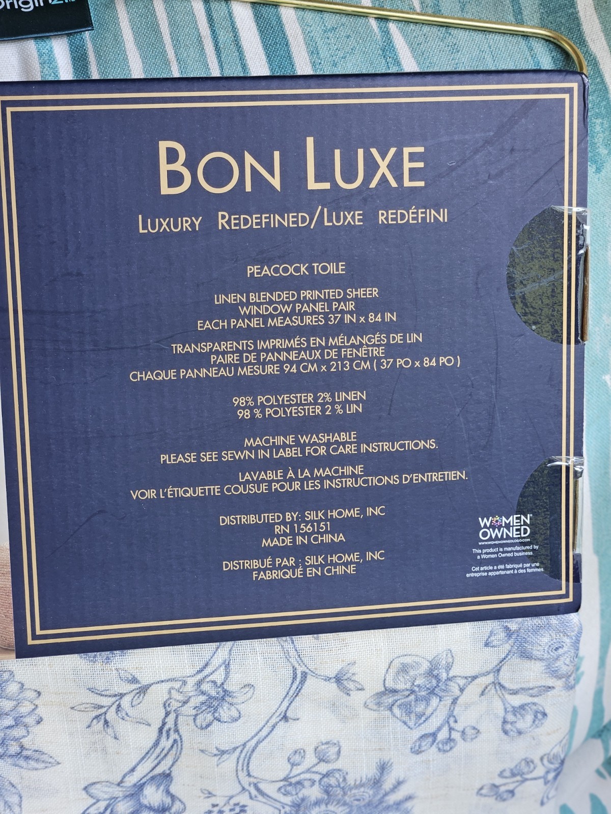 NEW Bon Luxe 2 Piece Peacock Toile Sheer Curtains 37×84 Blue Linen Blend Panels