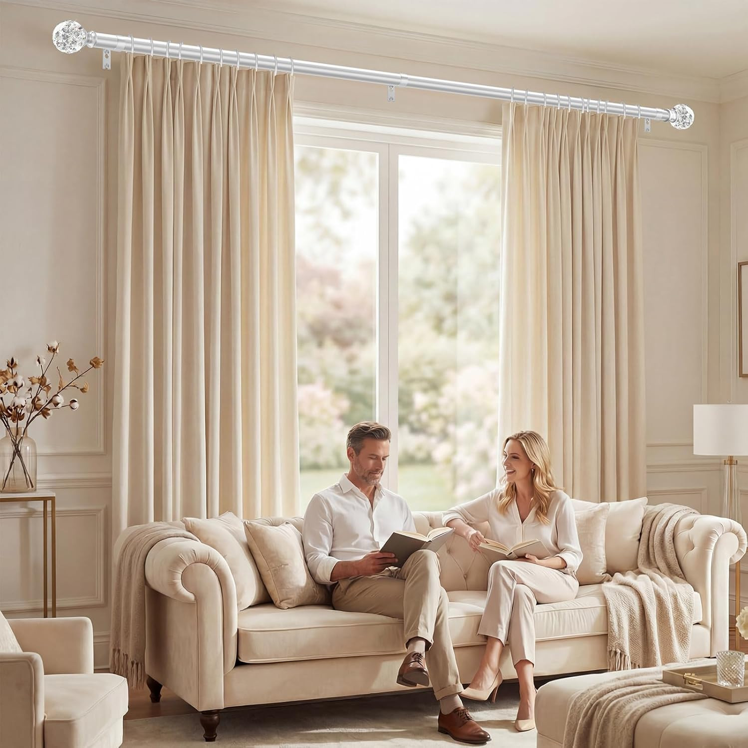 Silver Decorative Crystal Curtain Rods:18-45 Inch Heavy Duty Adjustable Window C