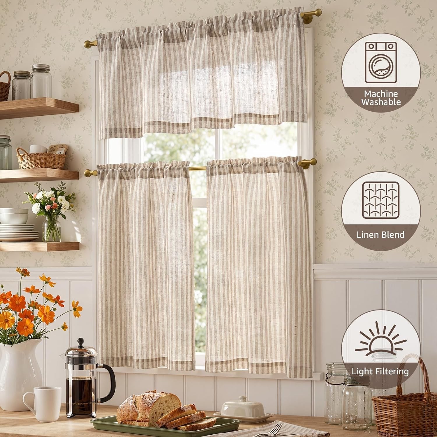 Kitchen Curtains and Valances Set Striped Tier Curtains Ticking Stripe Linen …