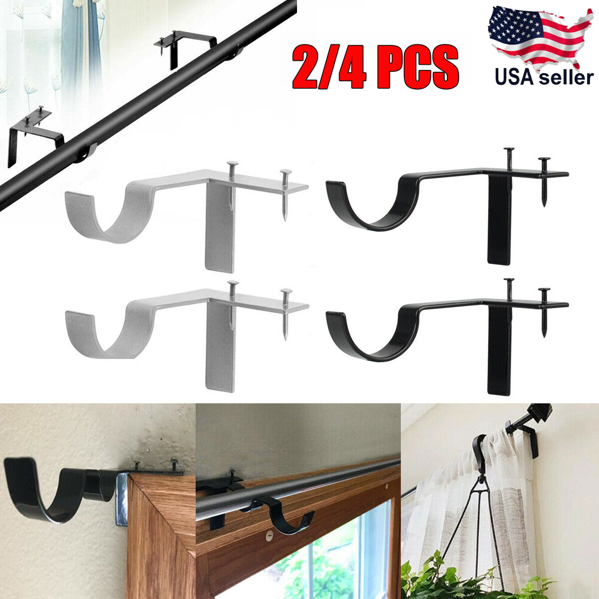 2-4pcs Hole-Free Hang Curtain Bracket Rod Holders Single Hook Into Window Frame