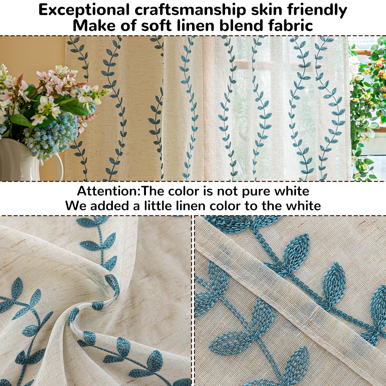 2 Panels Linen Leaf String Floral Embroidered Semi Sheer Curtain Farmhouse Vo…