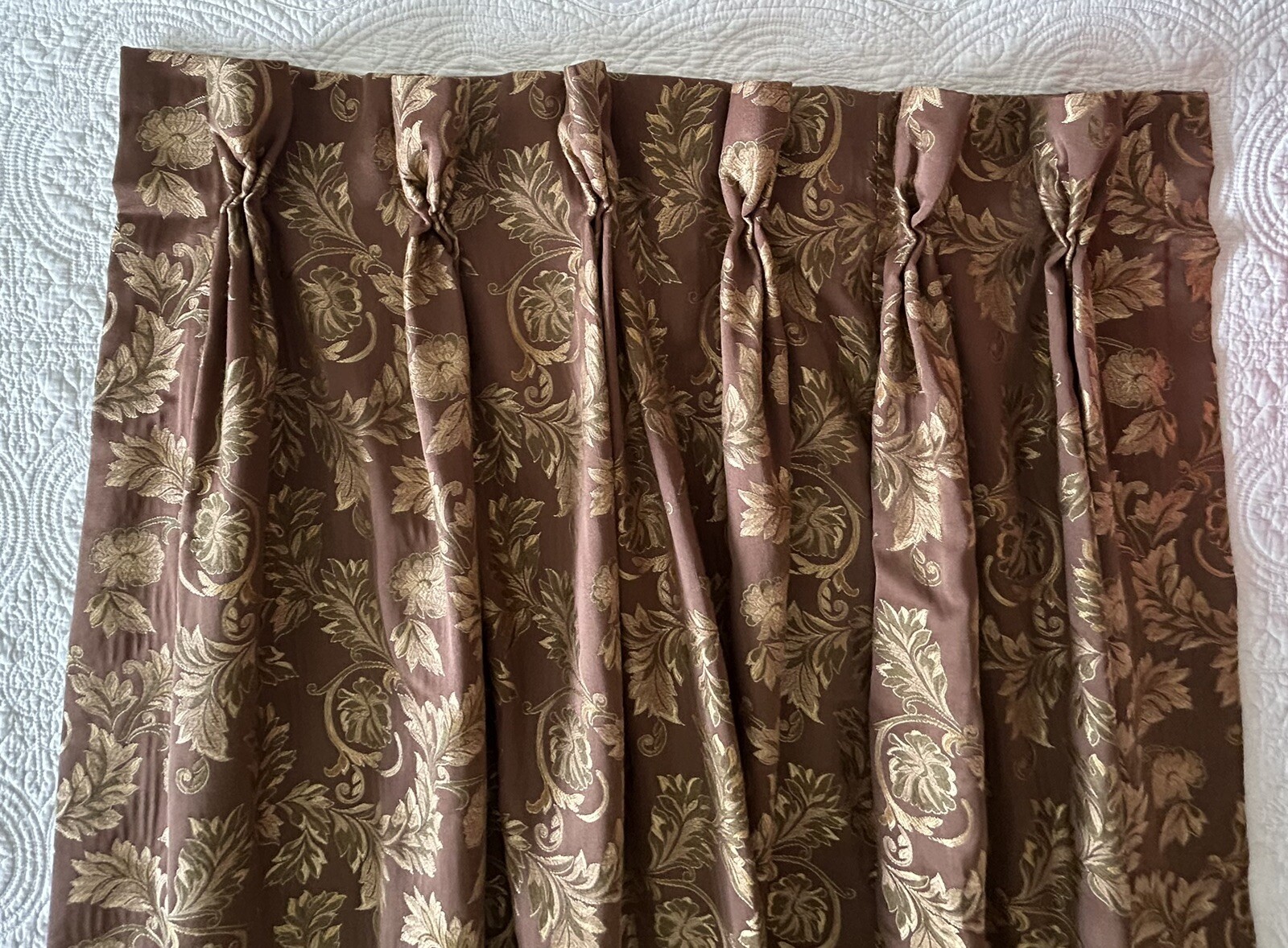 3 Custom Brocade Drapery Panels Pleated Lined 88”L Gold & Olive Green On Brown