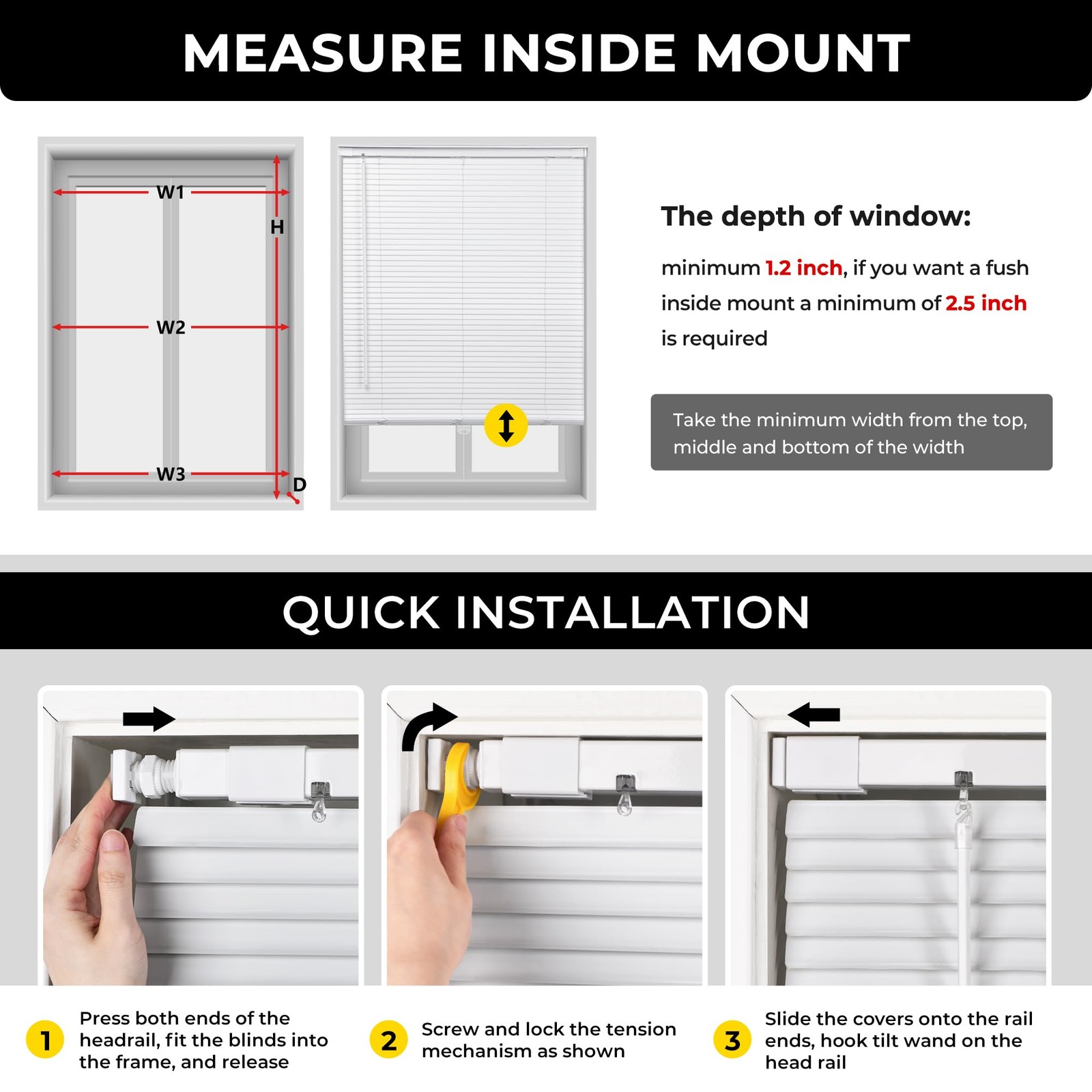 No Drill Aluminum Cordless Mini Blinds, 44×48 in, White