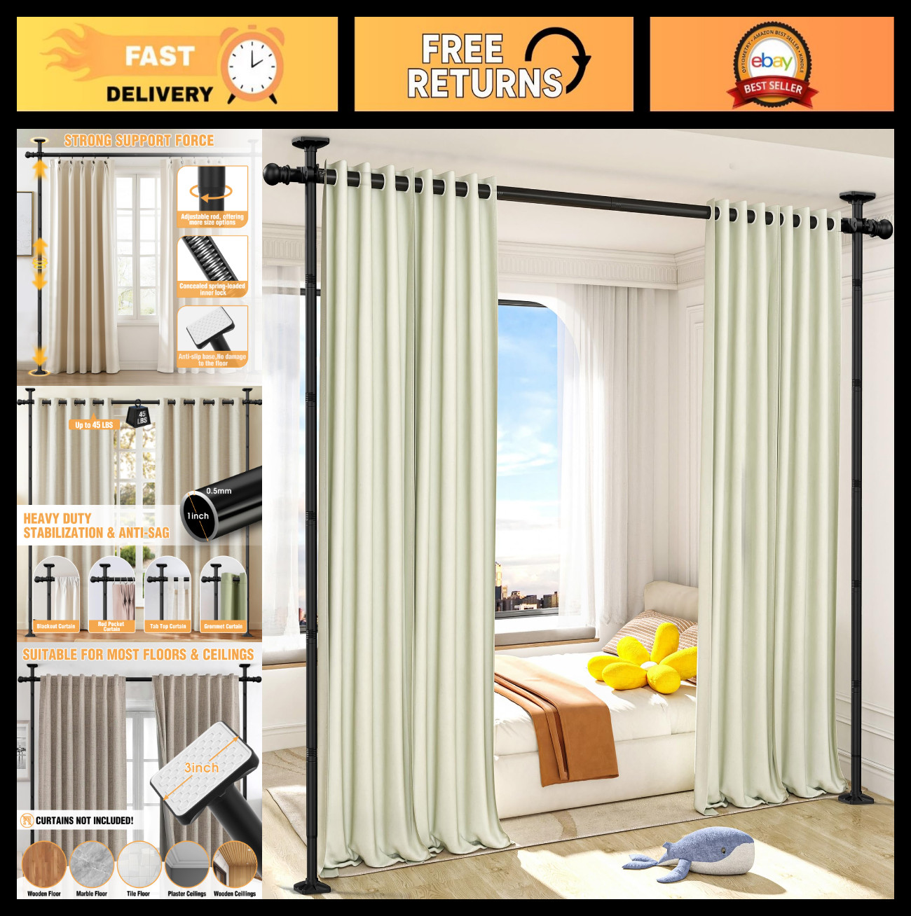 Adjustable Room Divider Curtain Rod – No Drill Privacy Separator, 4-11ft Height,