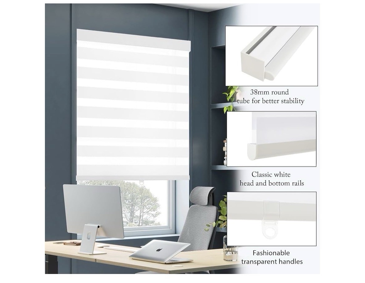 Cordless Window Roller Shades Free-Stop Dual Layer Zebra Blinds-White- 29”W 64”H