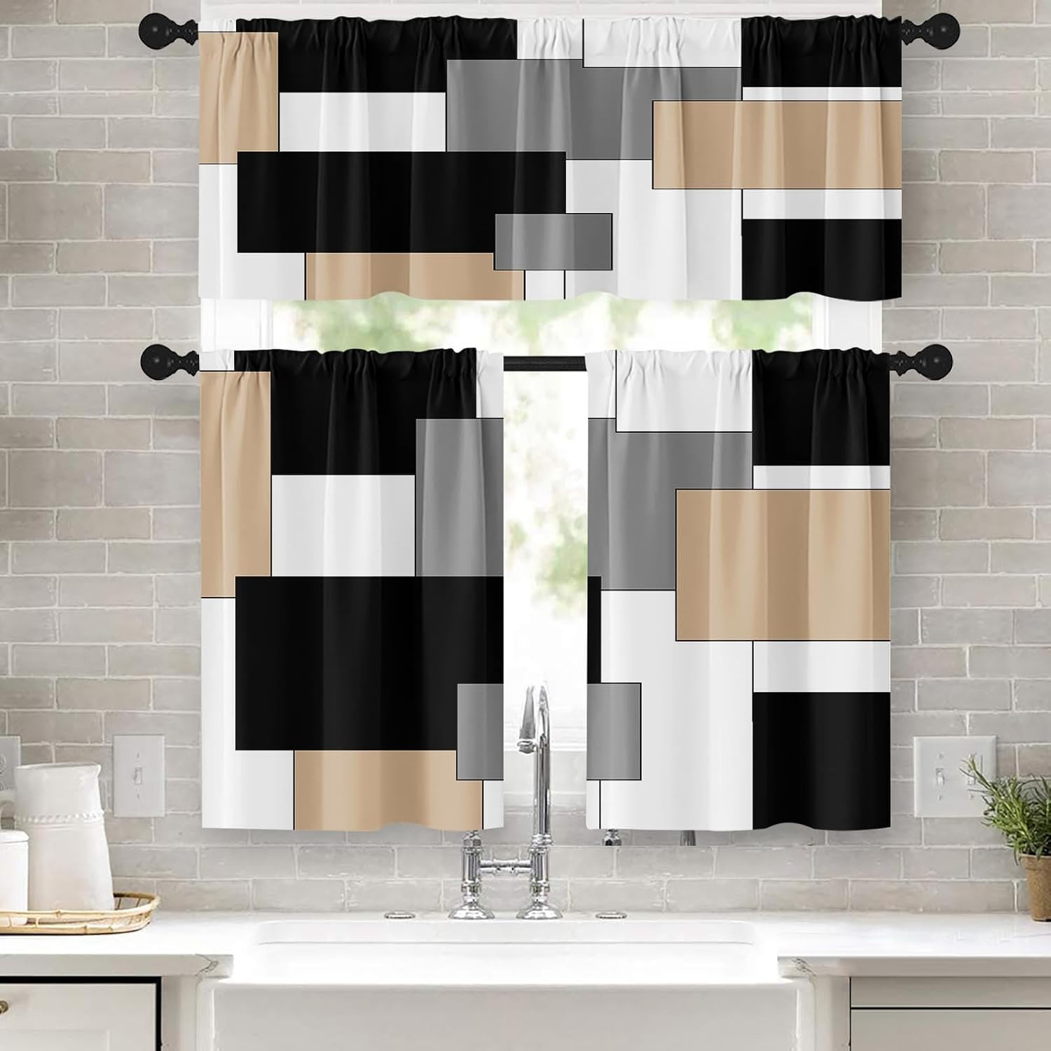 Black White Gray Kitchen Window Curtains Valance and Tier Set 36 Inch, Dark Grey