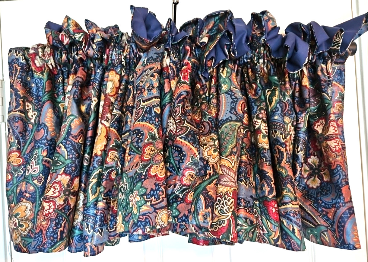 Custom Made 216″x20″ Navy Floral Paisley Richloom Somerset Suzani Cotton Valance
