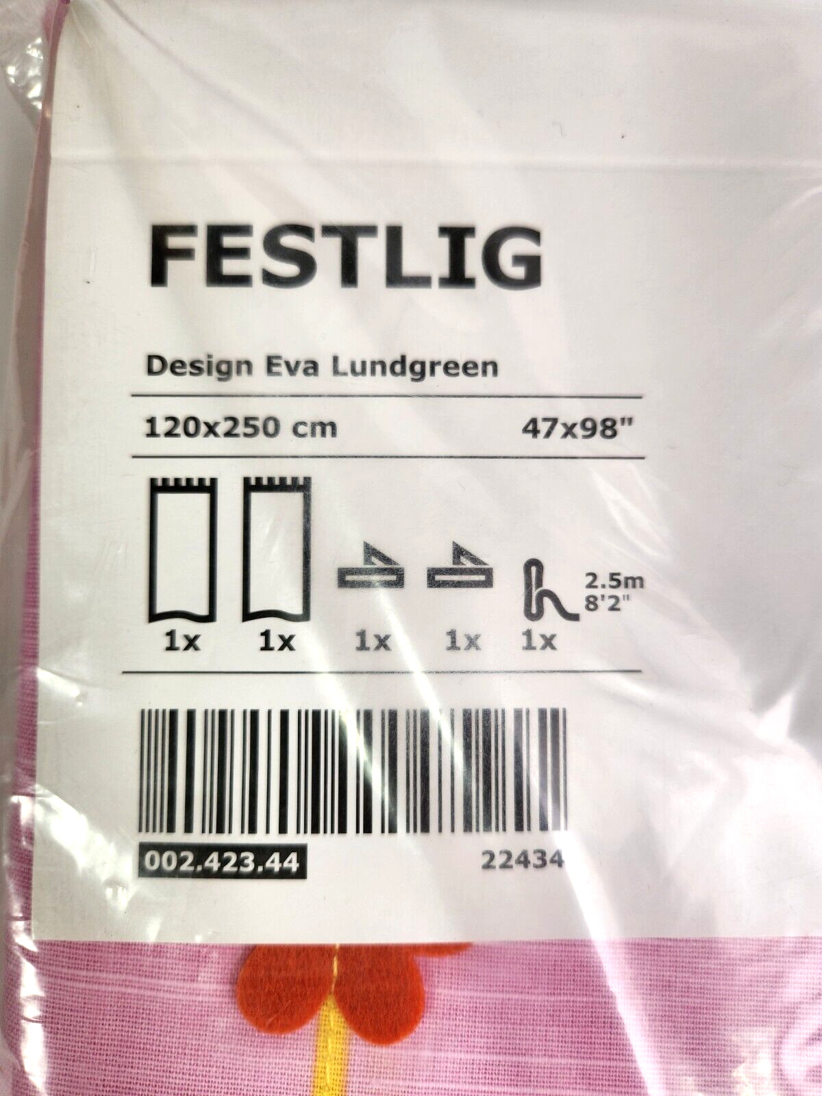 IKEA Festlig 002.423.44 Curtain Set 2 Panels Pink Floral Applique Tab Top 47×98″