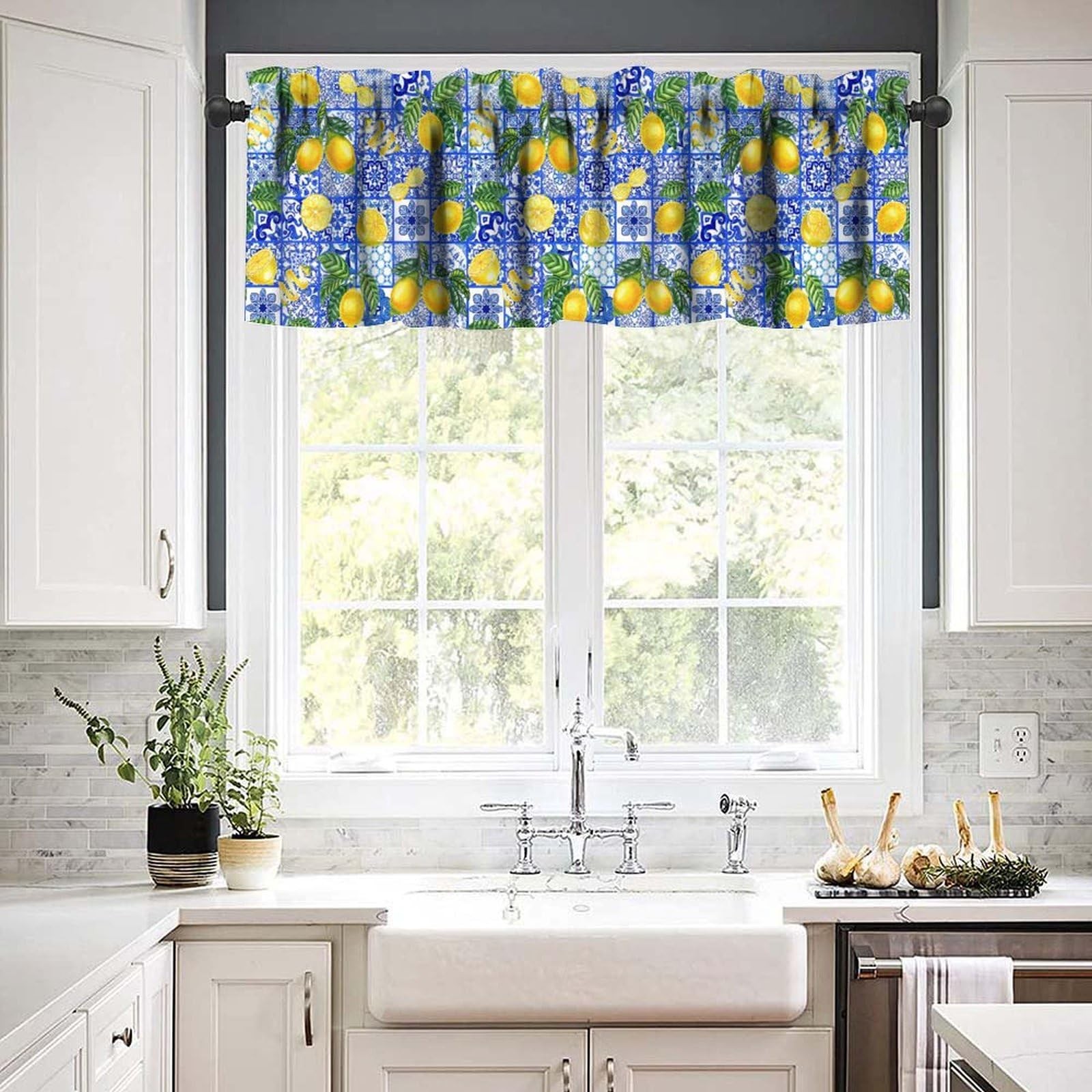 Lemon Valances Curtain, Curlicue Leaves Blue Majolica Tiles Yellow Lemons Win…