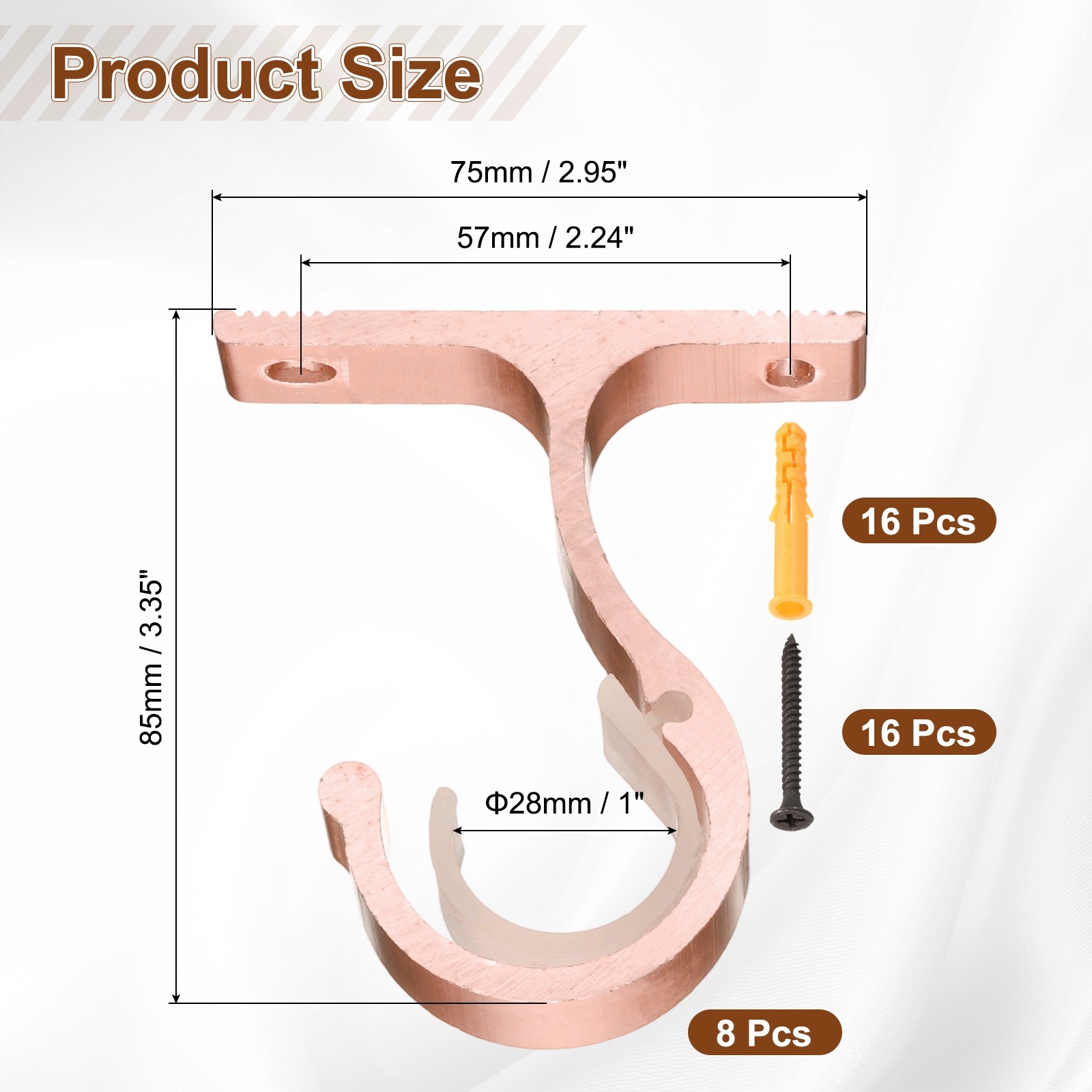 8Pcs Ceiling Curtain Rod Holder Single Drapery Bracket for 1″ Rod Rose Gold
