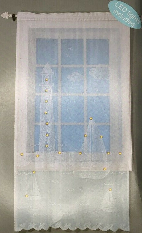 Coastal White Lighted Lace Window Panels Set of 2 Sailboats Lighthouse Nautical