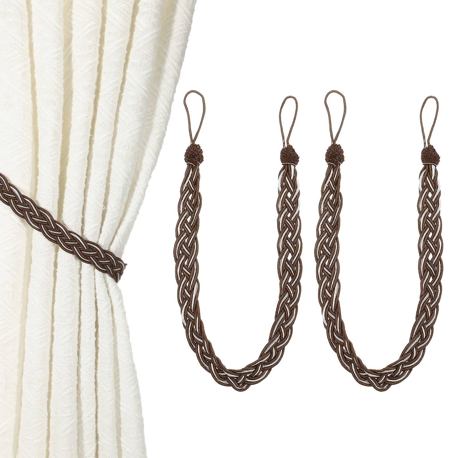 2Pcs Curtain Tiebacks 60cm/24″ Braided Drapery Holdback Dark Brown
