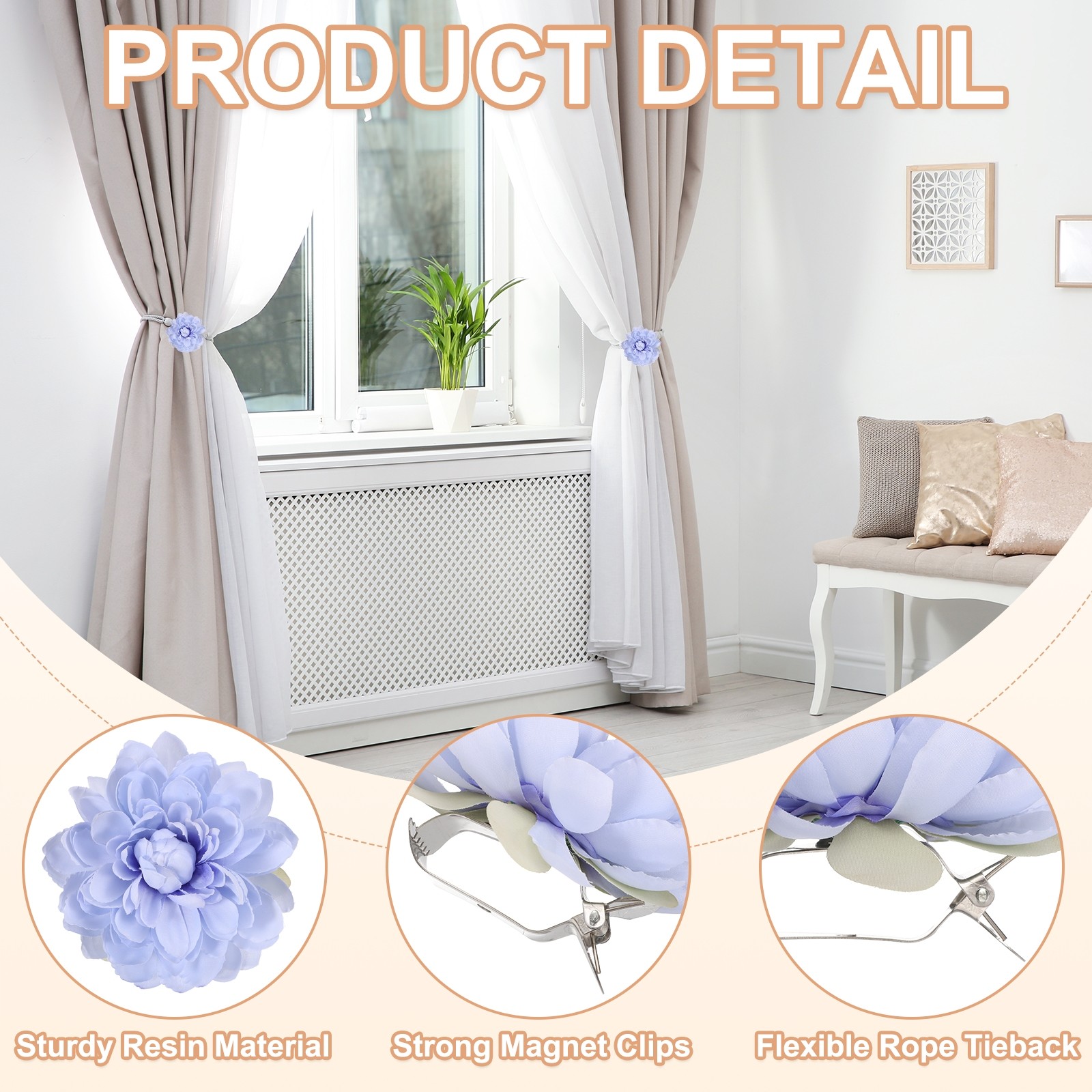 2 Pack Artificial Lotus Flower Curtain Tiebacks Clips, Sky Blue