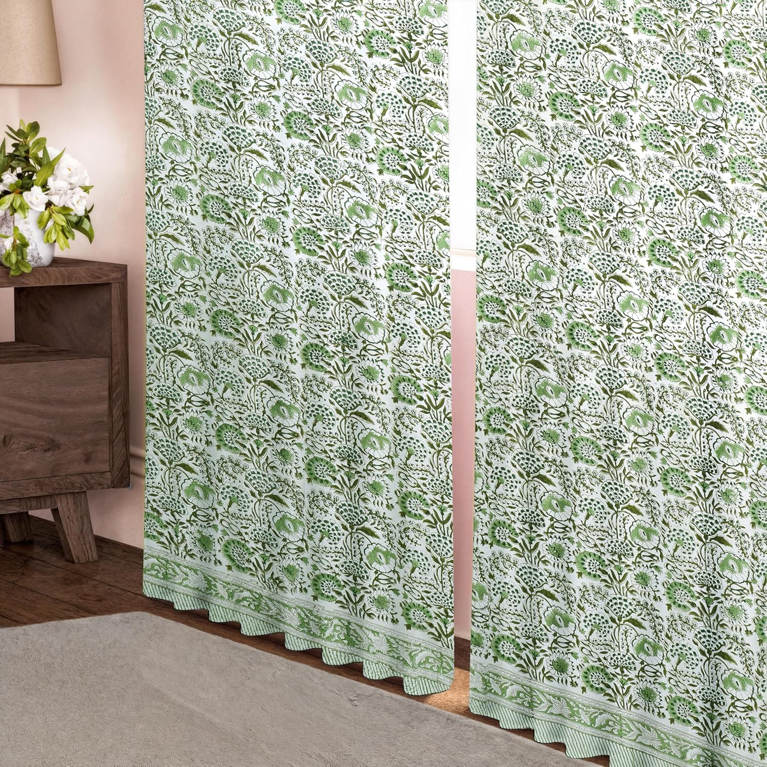 CPC Agate Green Cotton Hand Block Print 52″ X 84″ Pack of 1 Farmhouse Drapes for