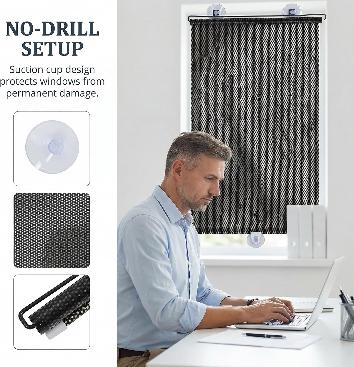 No Drill Light Filtering Blinds, Blackout Blind Curtains with Suction Cups – PVC