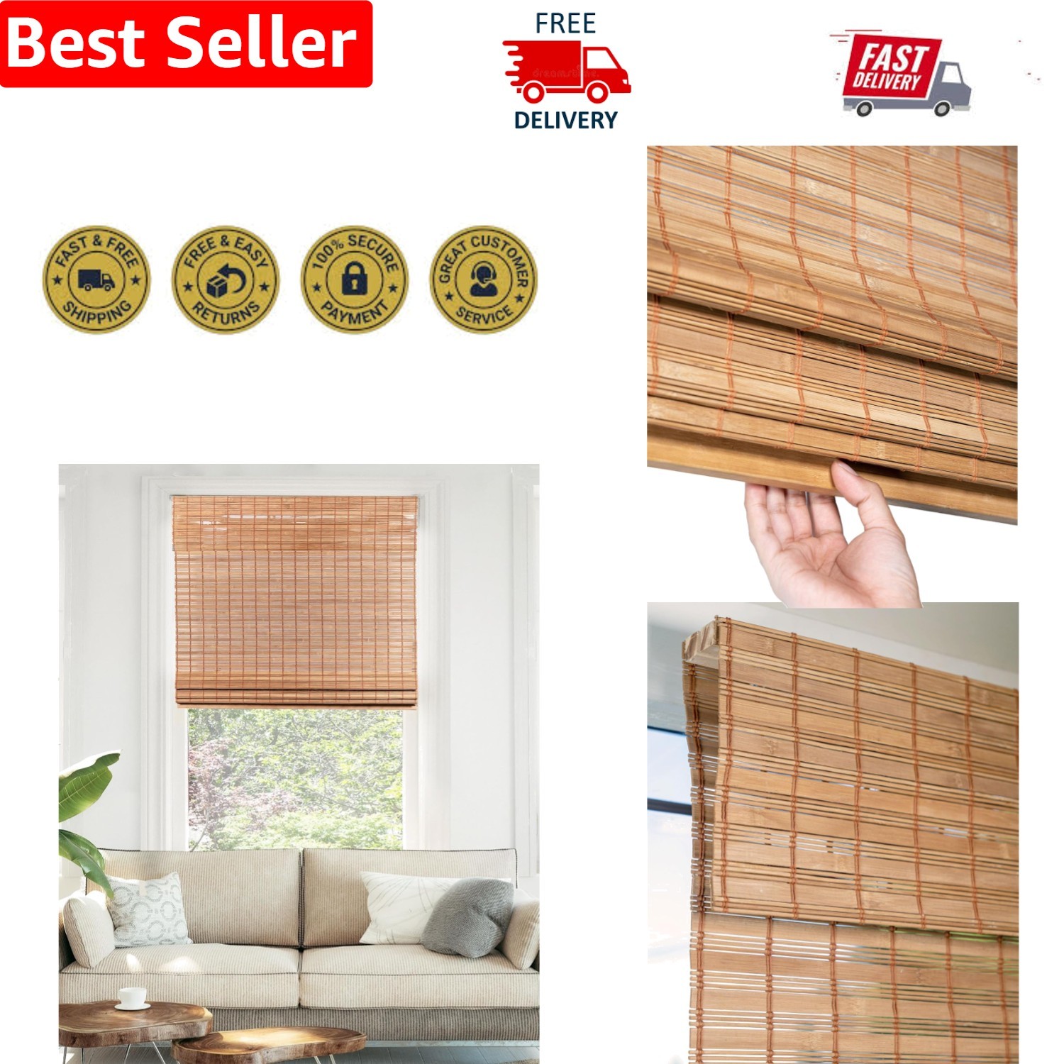 Eco-Friendly Cordless Bamboo Roman Shade – 34″W x 48″H for Inviting Interiors