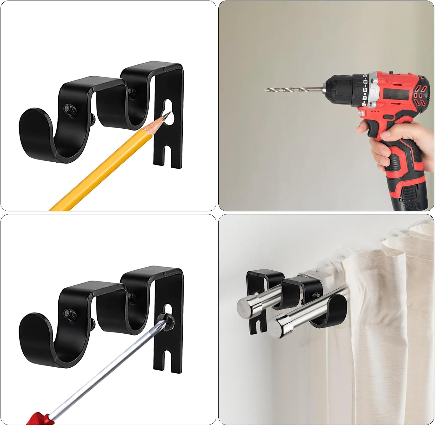 6 Pack Double Curtain Rod Brackets,Heavy Duty Adjustable Curtain Rod Holders