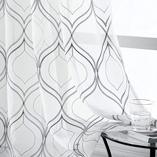 VISIONTEX Moroccan Embroidered Trellis White Sheer 54″W x 84″L (Pack of 2) Grey