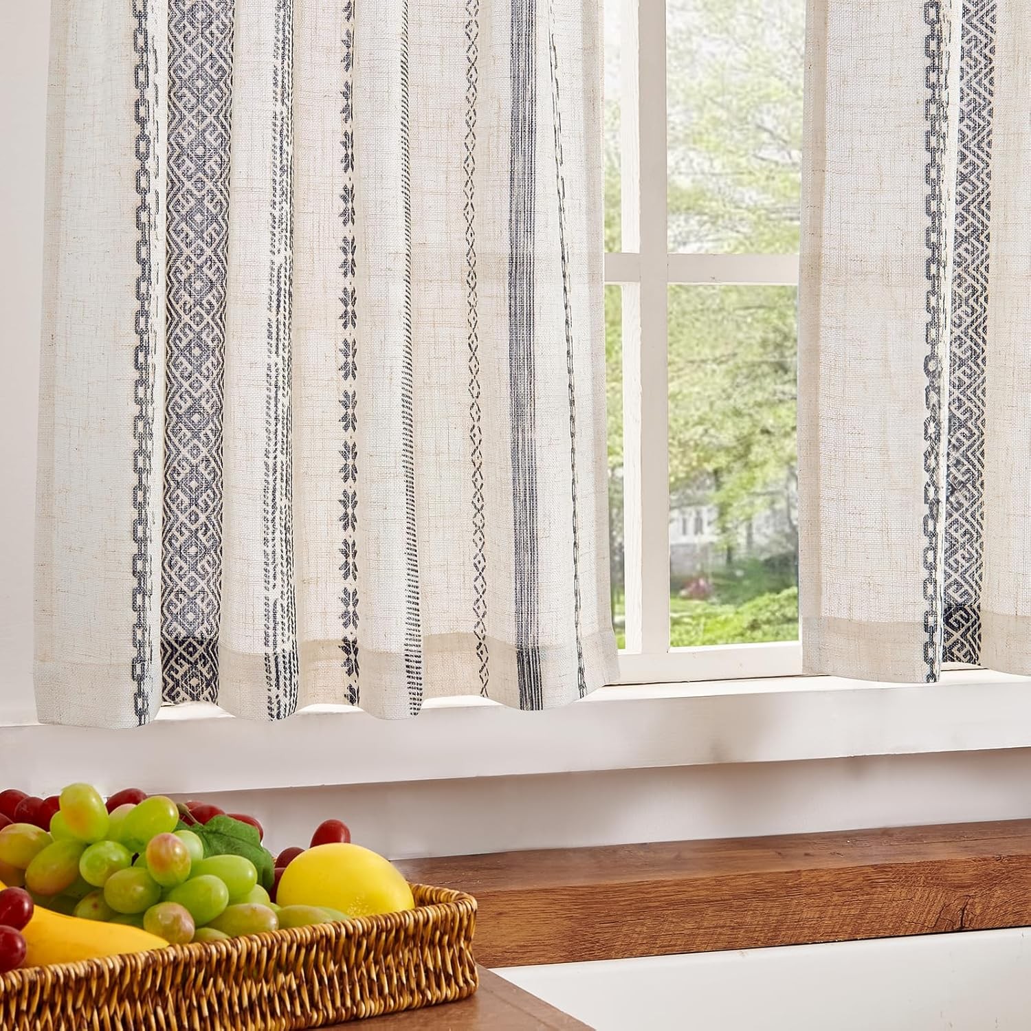 Boho Kitchen Curtains 36 Inch Linen Tier Curtains with Geometric Pattern