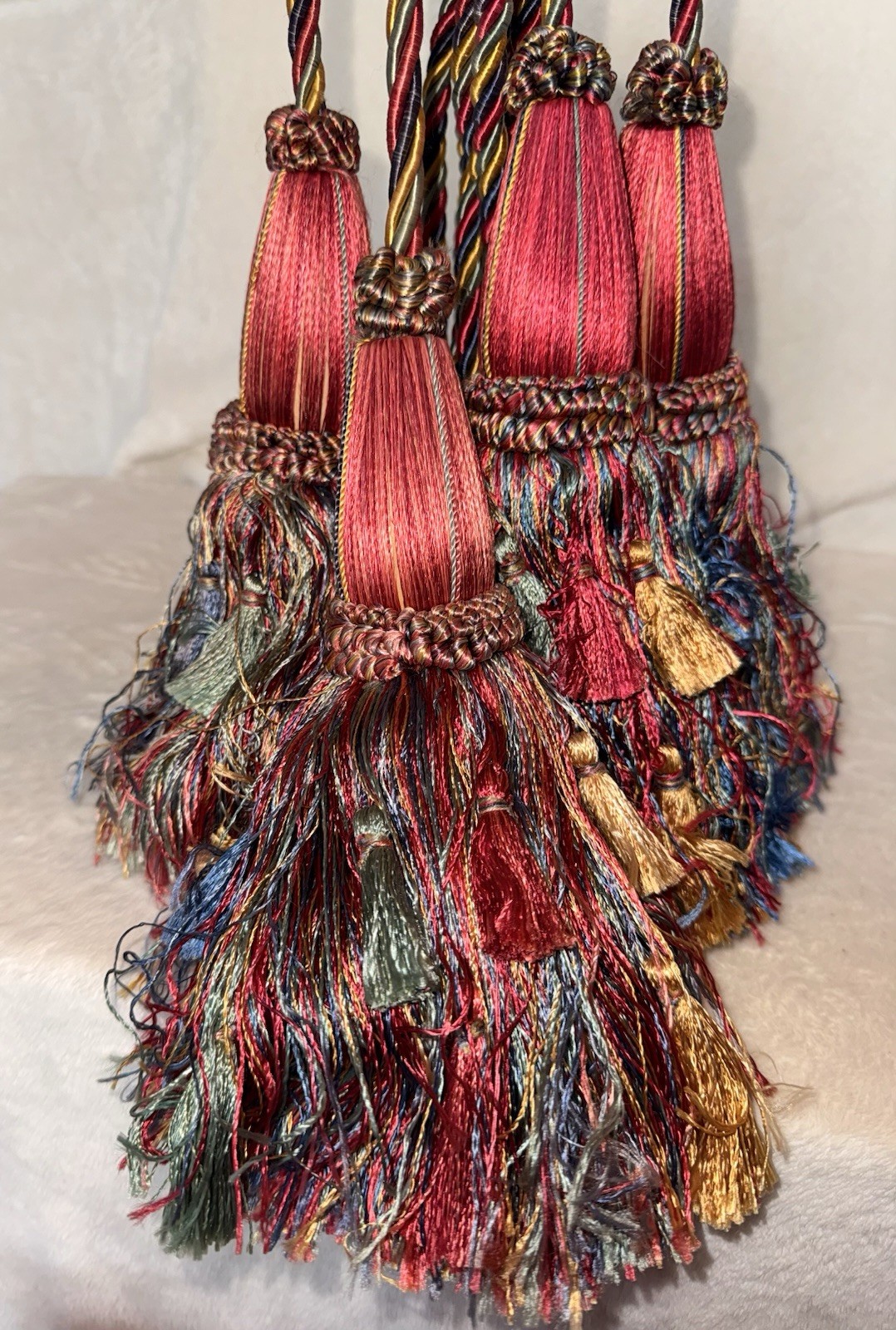 Set 2 – Vintage 10” DOUBLE TASSEL Drapery Tiebacks, 29” L, RED BLUE GREEN GOLD