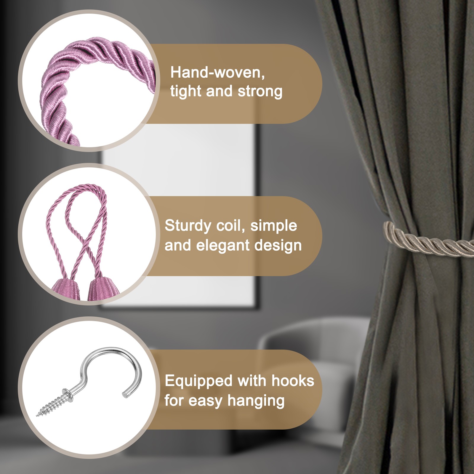 2Pcs Curtain Tiebacks 75cm/29.5″ Braided Drapery Holdback with Hook Purple