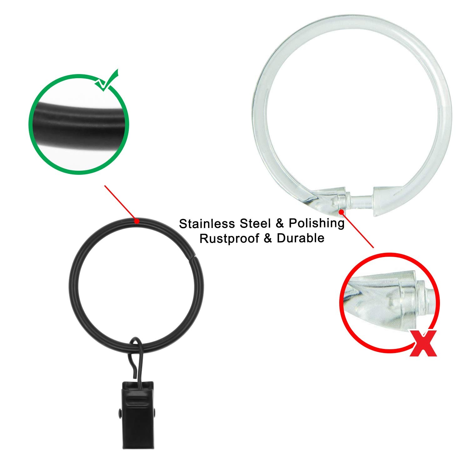 Coideal Large Curtain Rings with Clips, 10 Pack 2.5 Inch XL 55 mm, Black