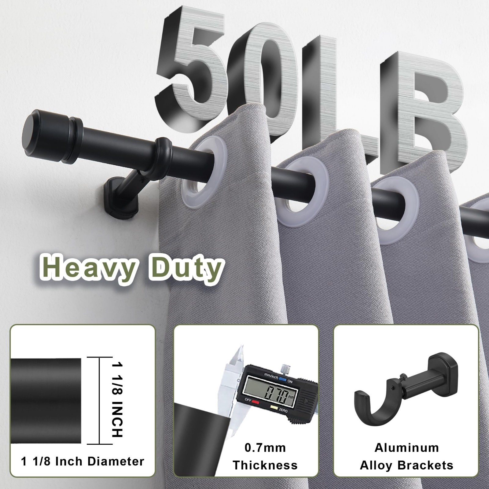 Heavy Duty 1 1/8″ Curtain Rods 12-20ft Telescoping Drapery Rods, Matte Black, Ad