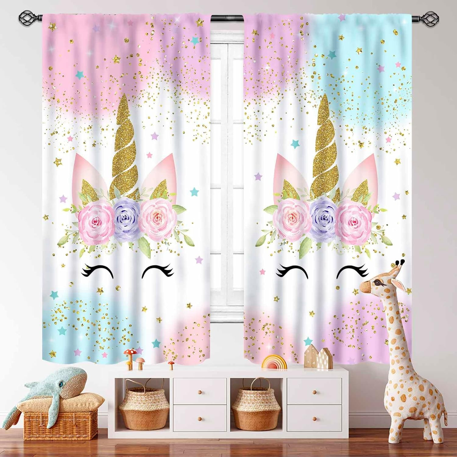 Unicorn Curtains for Girls Bedroom,Pink Fantasy Rainbow Unicorn Windows Treatme